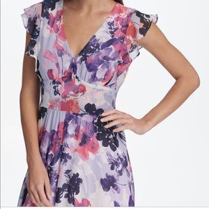 DKNY Floral Chiffon Ruffle Cap Sleeve Maxi 14